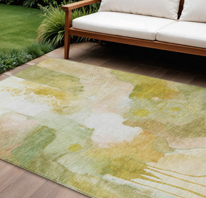 HomeRoots 9' X 12' Fern Green Gold Abstract Area Rug - Washable, Stain-Resistant for Indoor & Outdoor Use 629297
