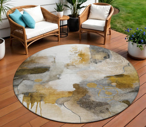 HomeRoots 8' Round Abstract Washable Indoor Outdoor Area Rug - Durable Brown Charcoal Ivory Design for Versatile Use 629301