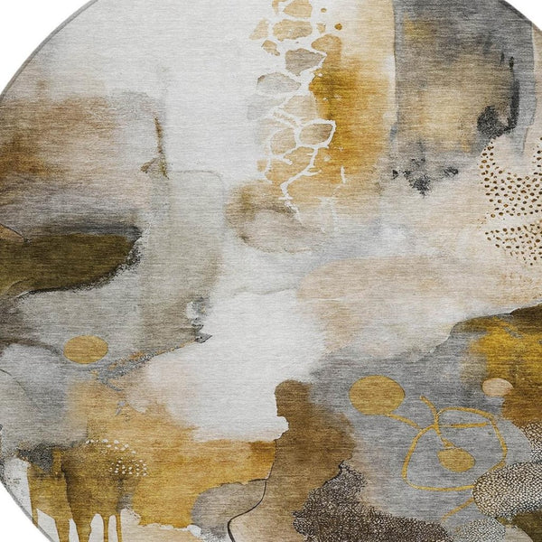 HomeRoots 8' Round Abstract Washable Indoor Outdoor Area Rug - Durable Brown Charcoal Ivory Design for Versatile Use 629301