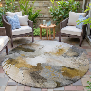 HomeRoots 8' Round Abstract Washable Indoor Outdoor Area Rug - Durable Brown Charcoal Ivory Design for Versatile Use 629301