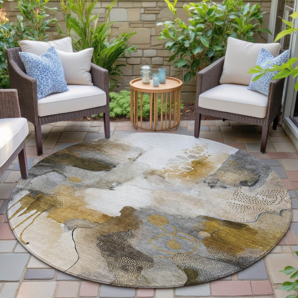 HomeRoots 8' Round Abstract Washable Indoor Outdoor Area Rug - Durable Brown Charcoal Ivory Design for Versatile Use 629301