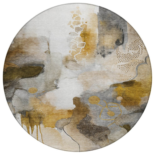 HomeRoots 8' Round Abstract Washable Indoor Outdoor Area Rug - Durable Brown Charcoal Ivory Design for Versatile Use 629301