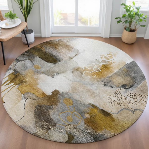 HomeRoots 8' Round Abstract Washable Indoor Outdoor Area Rug - Durable Brown Charcoal Ivory Design for Versatile Use 629301