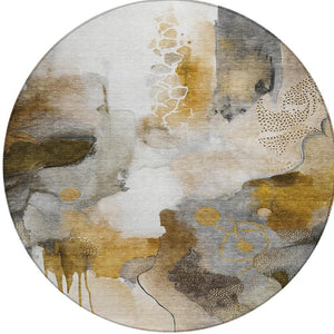 HomeRoots 8' Round Abstract Washable Indoor Outdoor Area Rug - Durable Brown Charcoal Ivory Design for Versatile Use 629301