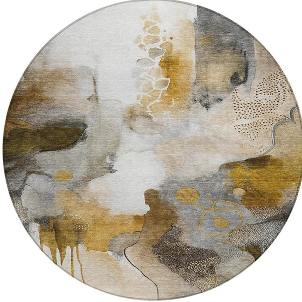 HomeRoots 8' Round Abstract Washable Indoor Outdoor Area Rug - Durable Brown Charcoal Ivory Design for Versatile Use 629301