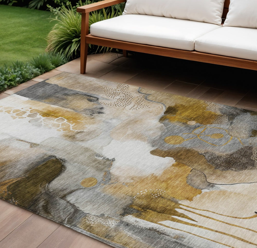 HomeRoots 10' Abstract Washable Area Rug in Brown, Charcoal & Ivory – Perfect for Indoor & Outdoor Spaces! 629304