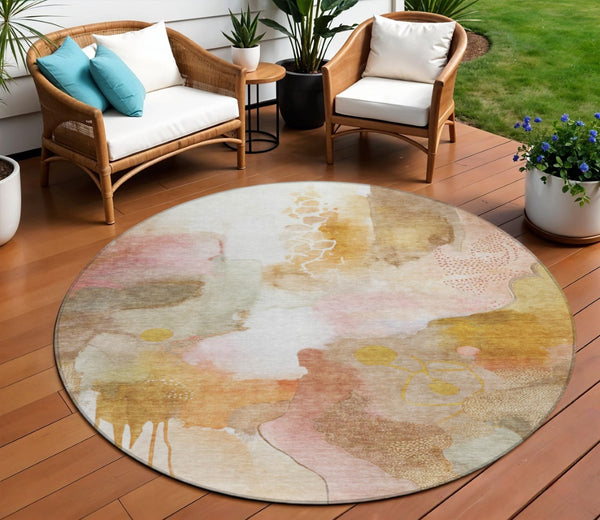 HomeRoots 8' Contemporary Abstract Round Area Rug in Mauve, Copper & Ivory - Washable for Indoor/Outdoor Use 629307