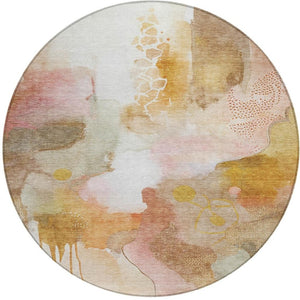 HomeRoots 8' Contemporary Abstract Round Area Rug in Mauve, Copper & Ivory - Washable for Indoor/Outdoor Use 629307