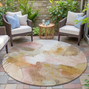 HomeRoots 8' Contemporary Abstract Round Area Rug in Mauve, Copper & Ivory - Washable for Indoor/Outdoor Use 629307