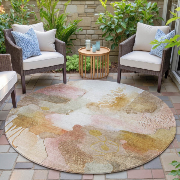 HomeRoots 8' Contemporary Abstract Round Area Rug in Mauve, Copper & Ivory - Washable for Indoor/Outdoor Use 629307