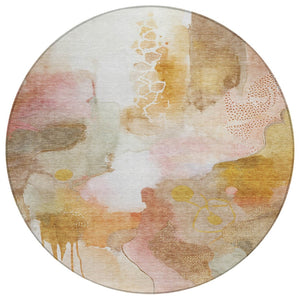 HomeRoots 8' Contemporary Abstract Round Area Rug in Mauve, Copper & Ivory - Washable for Indoor/Outdoor Use 629307