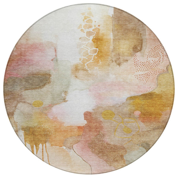 HomeRoots 8' Contemporary Abstract Round Area Rug in Mauve, Copper & Ivory - Washable for Indoor/Outdoor Use 629307