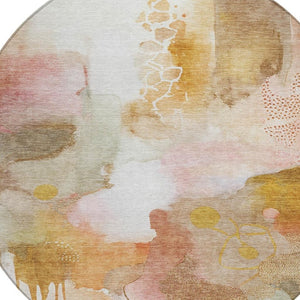 HomeRoots 8' Contemporary Abstract Round Area Rug in Mauve, Copper & Ivory - Washable for Indoor/Outdoor Use 629307