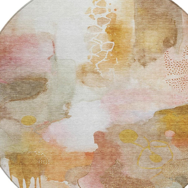HomeRoots 8' Contemporary Abstract Round Area Rug in Mauve, Copper & Ivory - Washable for Indoor/Outdoor Use 629307