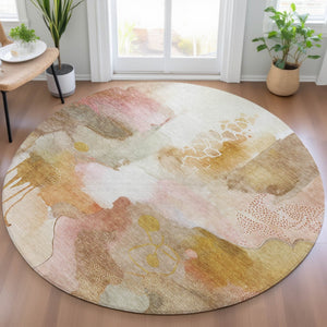 HomeRoots 8' Contemporary Abstract Round Area Rug in Mauve, Copper & Ivory - Washable for Indoor/Outdoor Use 629307