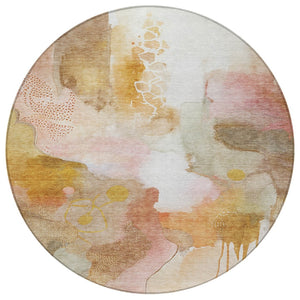 HomeRoots 8' Contemporary Abstract Round Area Rug in Mauve, Copper & Ivory - Washable for Indoor/Outdoor Use 629307