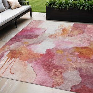 HomeRoots 5' Modern Abstract Pink Copper Ivory Area Rug - Washable, Durable, Indoor/Outdoor, Stylish Decor 629312