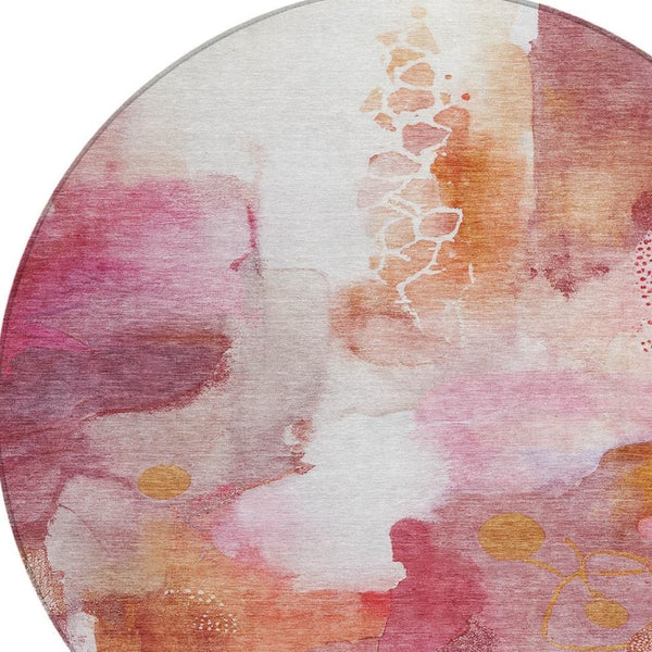 HomeRoots 8' Pink Copper Round Abstract Rug - Stylish, Washable Indoor/Outdoor Area Rug for High-Traffic Spaces 629313