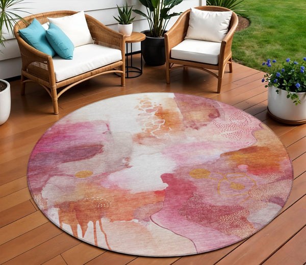 HomeRoots 8' Pink Copper Round Abstract Rug - Stylish, Washable Indoor/Outdoor Area Rug for High-Traffic Spaces 629313