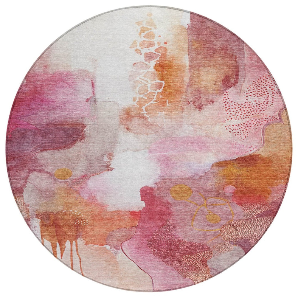 HomeRoots 8' Pink Copper Round Abstract Rug - Stylish, Washable Indoor/Outdoor Area Rug for High-Traffic Spaces 629313
