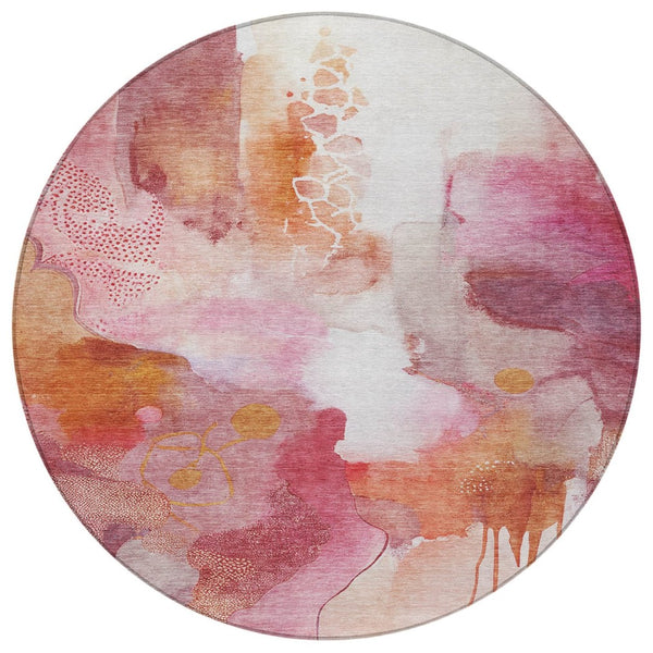 HomeRoots 8' Pink Copper Round Abstract Rug - Stylish, Washable Indoor/Outdoor Area Rug for High-Traffic Spaces 629313