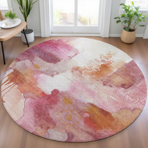 HomeRoots 8' Pink Copper Round Abstract Rug - Stylish, Washable Indoor/Outdoor Area Rug for High-Traffic Spaces 629313