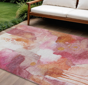 HomeRoots 9' X 12' Vibrant Pink Copper Ivory Abstract Area Rug - Durable, Washable, Indoor/Outdoor Versatility 629315