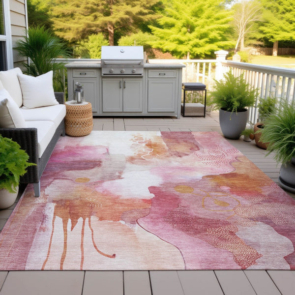 HomeRoots 9' X 12' Vibrant Pink Copper Ivory Abstract Area Rug - Durable, Washable, Indoor/Outdoor Versatility 629315