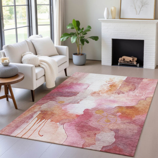 HomeRoots 9' X 12' Vibrant Pink Copper Ivory Abstract Area Rug - Durable, Washable, Indoor/Outdoor Versatility 629315