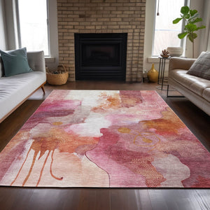 HomeRoots 9' X 12' Vibrant Pink Copper Ivory Abstract Area Rug - Durable, Washable, Indoor/Outdoor Versatility 629315
