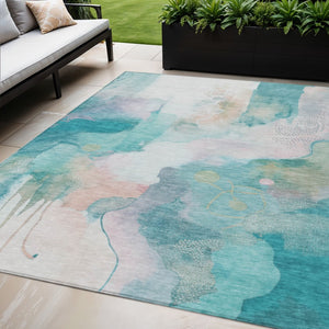 HomeRoots 5' X 8' Turquoise Blush Ivory Abstract Rug - Stylish, Washable, Durable for Indoor & Outdoor Use 629318