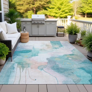 HomeRoots 5' X 8' Turquoise Blush Ivory Abstract Rug - Stylish, Washable, Durable for Indoor & Outdoor Use 629318
