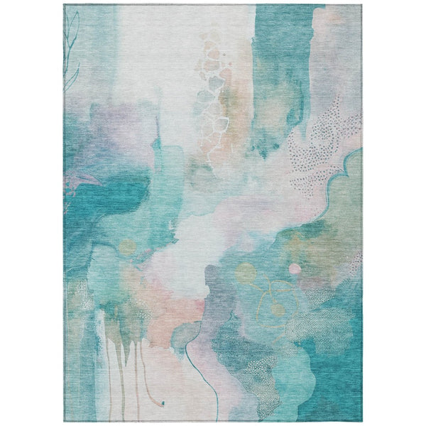 HomeRoots 5' X 8' Turquoise Blush Ivory Abstract Rug - Stylish, Washable, Durable for Indoor & Outdoor Use 629318