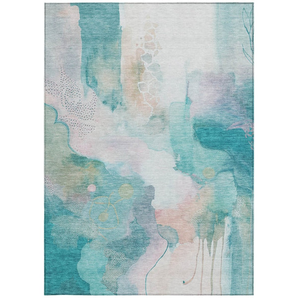 HomeRoots 5' X 8' Turquoise Blush Ivory Abstract Rug - Stylish, Washable, Durable for Indoor & Outdoor Use 629318