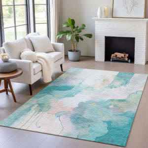 HomeRoots 5' X 8' Turquoise Blush Ivory Abstract Rug - Stylish, Washable, Durable for Indoor & Outdoor Use 629318