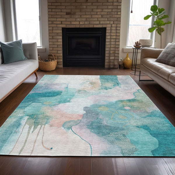 HomeRoots 5' X 8' Turquoise Blush Ivory Abstract Rug - Stylish, Washable, Durable for Indoor & Outdoor Use 629318