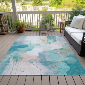 HomeRoots 5' X 8' Turquoise Blush Ivory Abstract Rug - Stylish, Washable, Durable for Indoor & Outdoor Use 629318