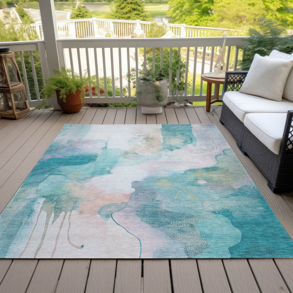 HomeRoots 5' X 8' Turquoise Blush Ivory Abstract Rug - Stylish, Washable, Durable for Indoor & Outdoor Use 629318