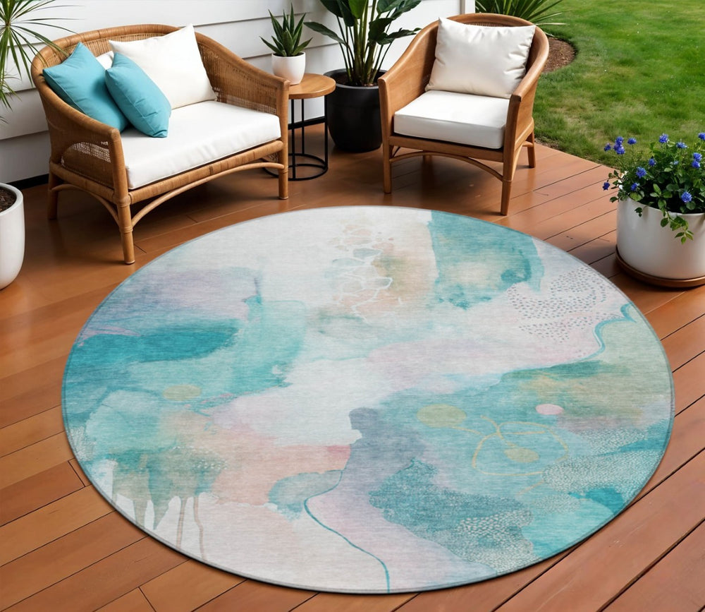 HomeRoots 8' Turquoise Blush Ivory Round Area Rug - Modern Abstract, Washable, Stylish for Indoor & Outdoor Use 629319