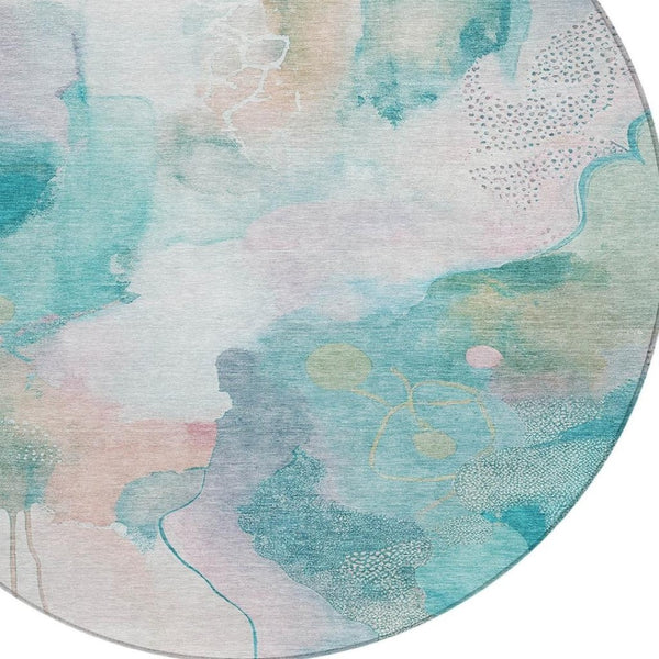HomeRoots 8' Turquoise Blush Ivory Round Area Rug - Modern Abstract, Washable, Stylish for Indoor & Outdoor Use 629319