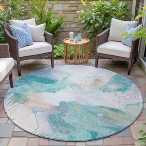 HomeRoots 8' Turquoise Blush Ivory Round Area Rug - Modern Abstract, Washable, Stylish for Indoor & Outdoor Use 629319