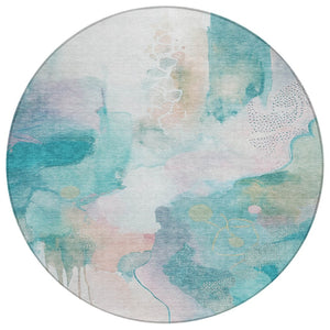 HomeRoots 8' Turquoise Blush Ivory Round Area Rug - Modern Abstract, Washable, Stylish for Indoor & Outdoor Use 629319