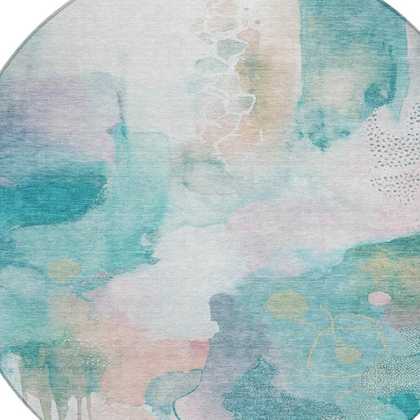 HomeRoots 8' Turquoise Blush Ivory Round Area Rug - Modern Abstract, Washable, Stylish for Indoor & Outdoor Use 629319