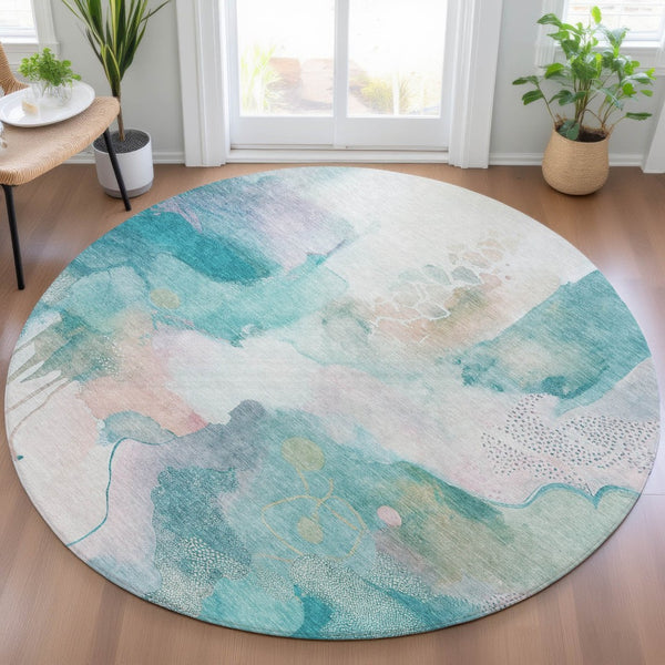 HomeRoots 8' Turquoise Blush Ivory Round Area Rug - Modern Abstract, Washable, Stylish for Indoor & Outdoor Use 629319