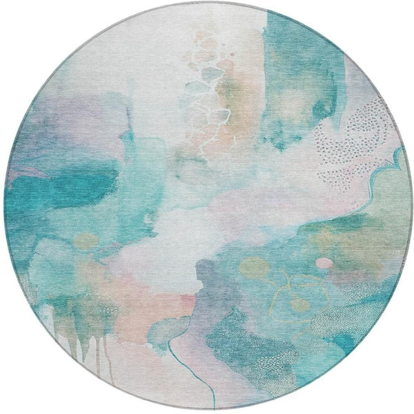 HomeRoots 8' Turquoise Blush Ivory Round Area Rug - Modern Abstract, Washable, Stylish for Indoor & Outdoor Use 629319