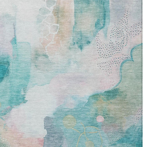 HomeRoots 8' X 10' Turquoise Blush Ivory Abstract Washable Area Rug for Stylish Indoor & Outdoor Living Spaces 629320