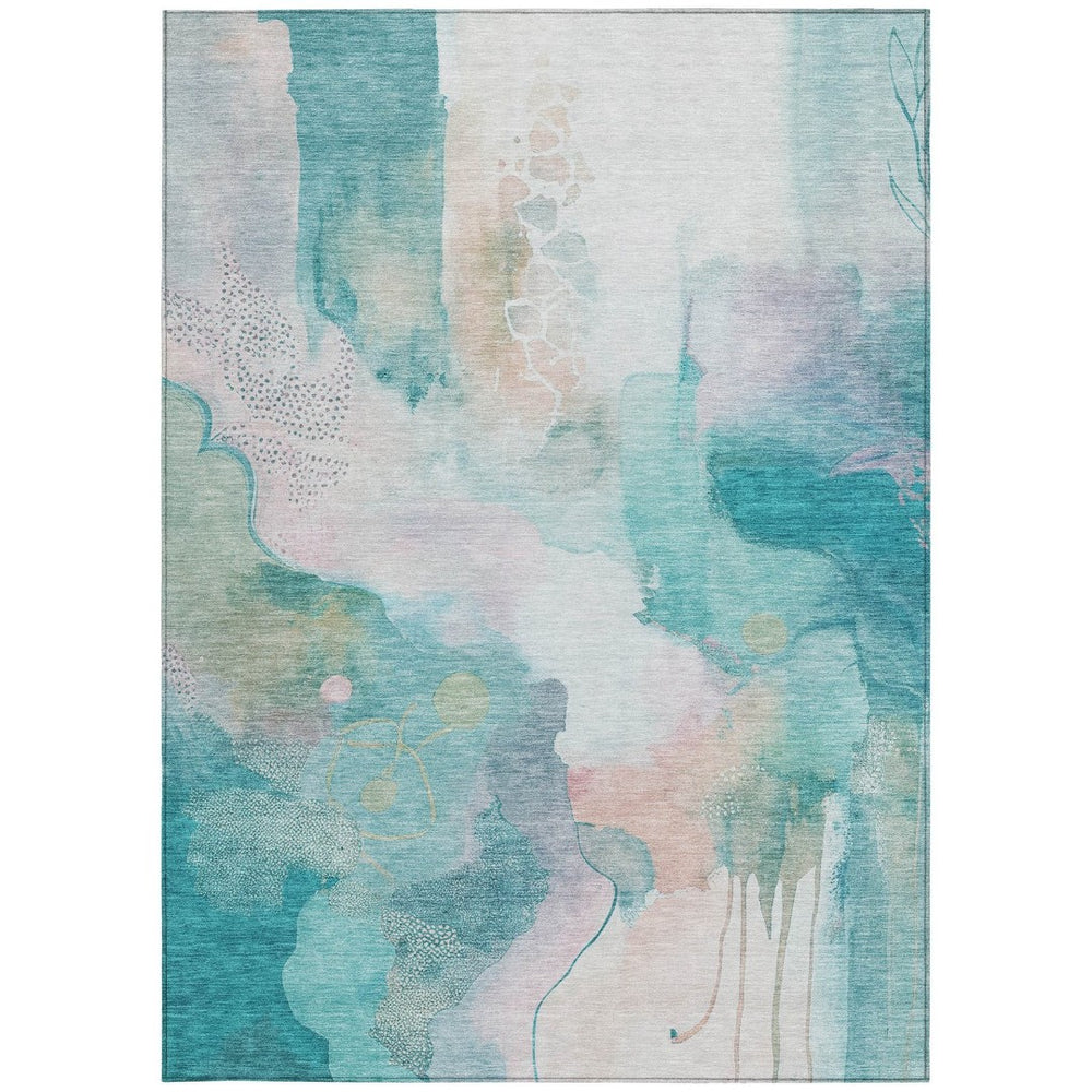 HomeRoots 10' Turquoise Blush Ivory Abstract Washable Area Rug – Versatile Indoor/Outdoor Design, Easy Care! 629322
