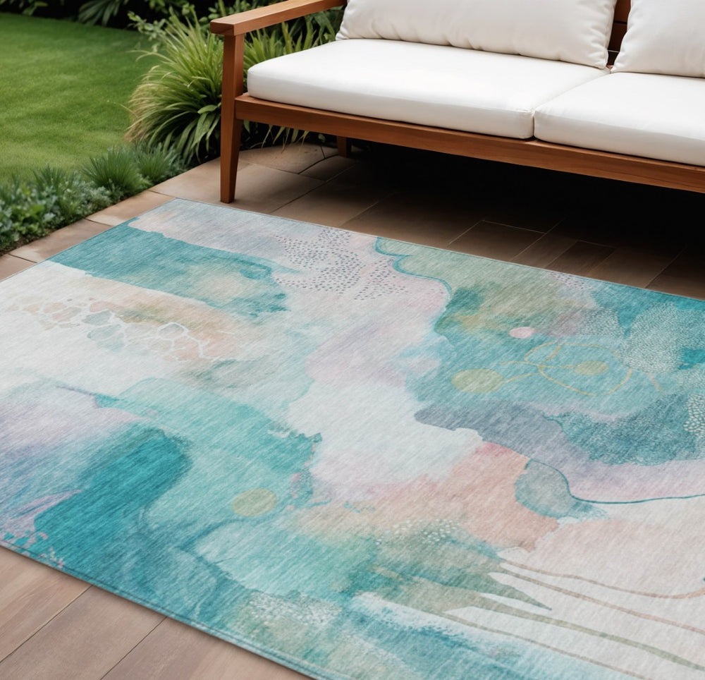 HomeRoots 10' Turquoise Blush Ivory Abstract Washable Area Rug – Versatile Indoor/Outdoor Design, Easy Care! 629322