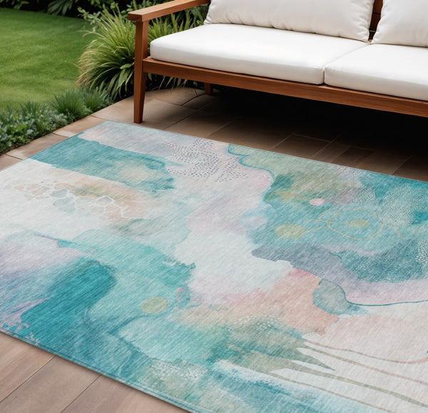 HomeRoots 10' Turquoise Blush Ivory Abstract Washable Area Rug – Versatile Indoor/Outdoor Design, Easy Care! 629322