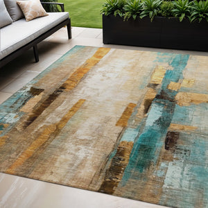 HomeRoots 5' X 8' Beige and Teal Abstract Area Rug - Durable, Washable, Versatile for Indoor & Outdoor Spaces! 629324